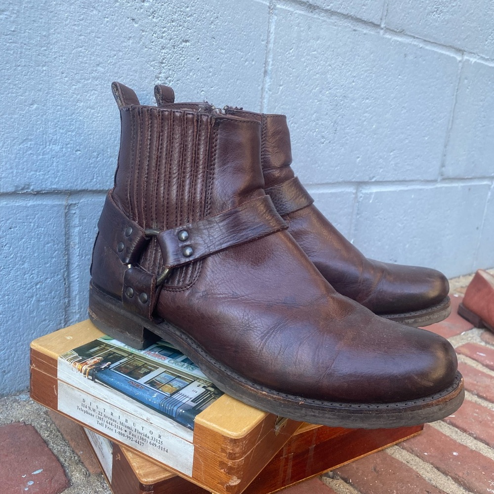 Frye Dark Brown Leather Buckle Boots